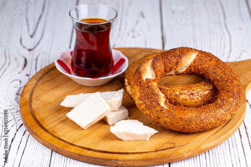 Turkish bagel and Turkish tea photo