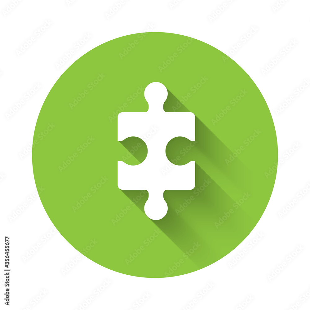 White Piece of puzzle icon isolated with long shadow. Business, marketing, finance, layout, infographics, internet concept. Green circle button. Vector Illustration. White Piece of puzzle icon isolated with long shadow. Business, marketing, finance, layout, infographics, internet concept. Green circle button. Vector Illustration.