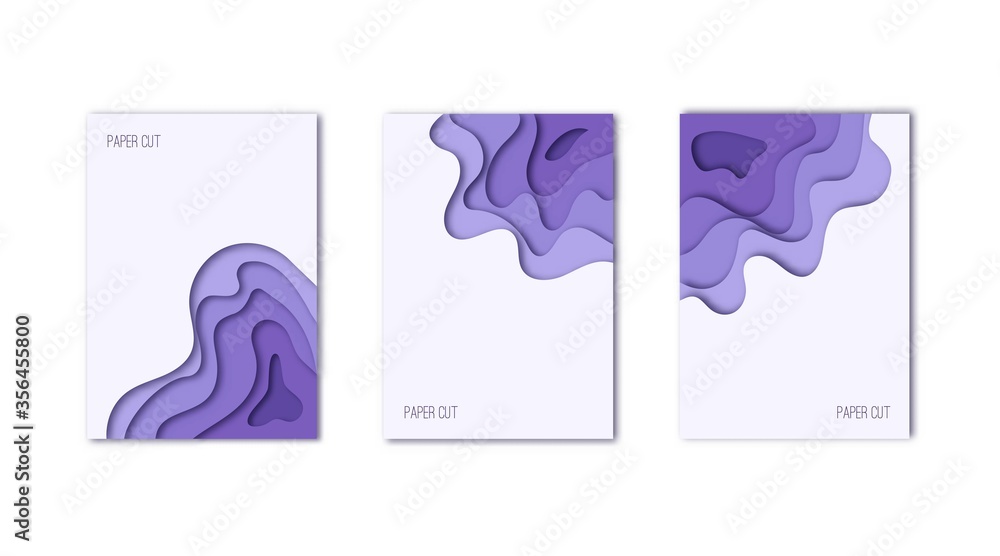 Vertical A4 banners with 3D abstract purple flowing liquid background. Design layout for brochures, flyers, posters or invitations. Paper cut out art digital craft style. Vector illustration