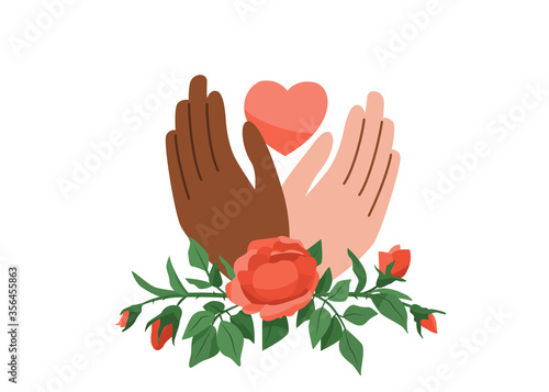 Black Lives Matter vector background. Say no to stop racism. Human black and white hands hold pink heart. Rose plant wraps arms. Motivational poster against ethnocentrism and discrimination