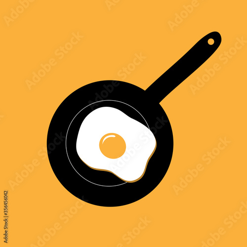 Stock vector illustration with fried eggs in a pan on a yellow background. Homemade food concept