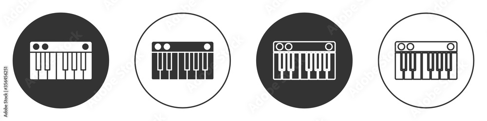 Black Music synthesizer icon isolated on white background. Electronic piano. Circle button. Vector Illustration. Black Music synthesizer icon isolated on white background. Electronic piano. Circle button. Vector Illustration.