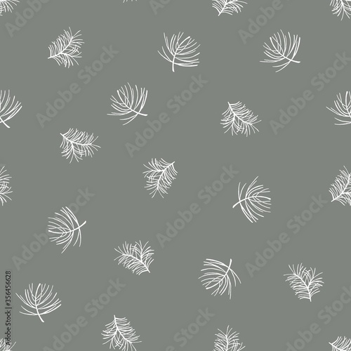 Seamless pattern with white coniferous branches on a dark green background. illustration with pine branches. Background for printing and use in design.
