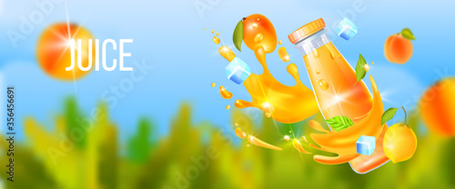 Fresh healthy juice banner with bottle, splash, ice, mango, orange, lemon, defocused greenery background. Cold drinks concept in realistic style. Vector illustration with tropical beverages