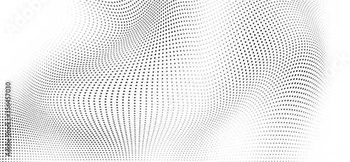 Abstract wave halftone black and white. Monochrome texture for printing on badges, posters, and business cards. Vintage pattern of dots randomly arranged