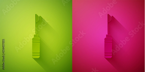 Paper cut Awl tool with wooden handle icon isolated on green and pink background. Work equipment tailor industry. Paper art style. Vector Illustration.