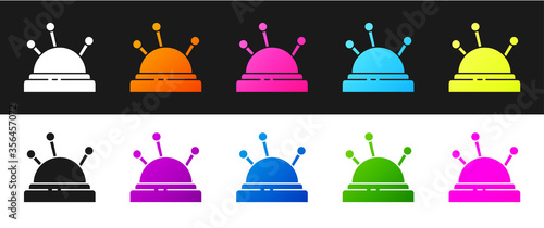 Set Needle bed and needles icon isolated on black and white background. Handmade and sewing theme. Vector Illustration.