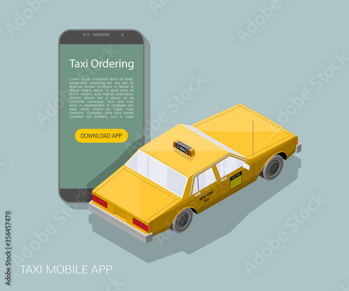 Yellow isometric taxi cab banner. Online mobile application order taxi service illustration. Flat car isometric quality banner. 3D taxi vehicle smartphone. Get a taxi online phone isometry application