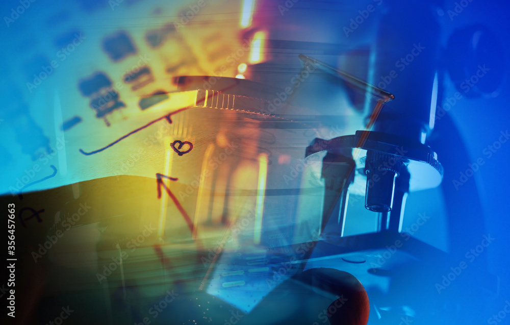 Microscope in laboratory. Science theme. Microscope in laboratory. Science theme.