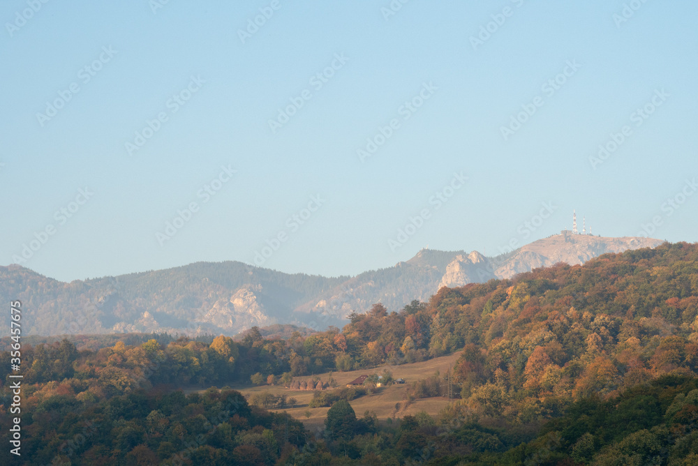 Mountain view in autumn, Valley next to Cozia Monastery, calimanesti, Romania.