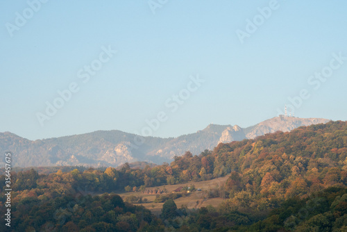 Mountain view in autumn, Valley next to Cozia Monastery, calimanesti, Romania.