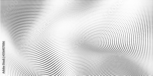 Abstract wave halftone black and white. Monochrome texture for printing on badges, posters, and business cards. Vintage pattern of dots randomly arranged