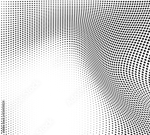 Abstract wave halftone black and white. Monochrome texture for printing on badges, posters, and business cards. Vintage pattern of dots randomly arranged