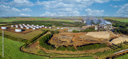 Sugar cane industry, sugar and alcohol production plant aerial view