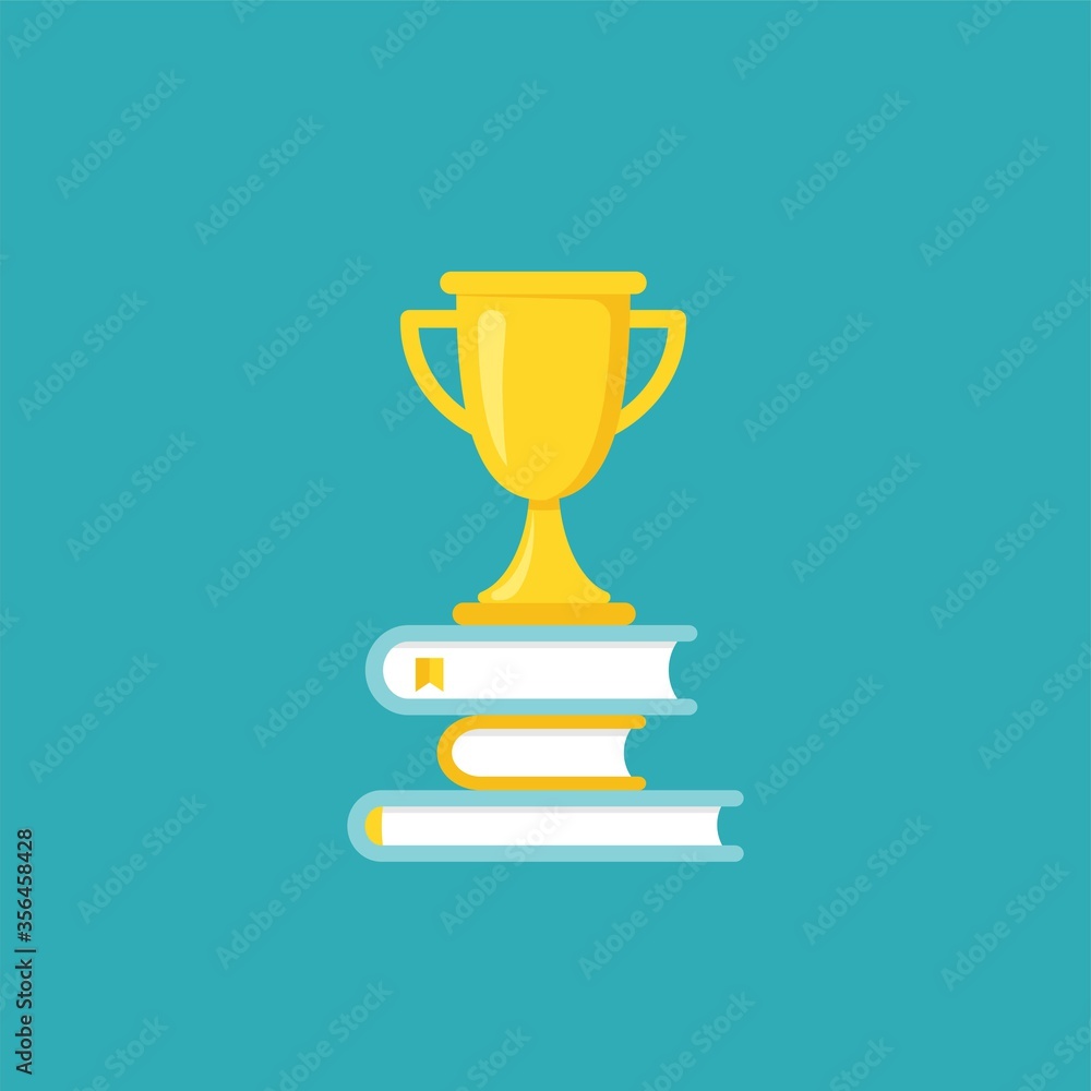 stack of books with gold trophy or winning cup. Isolated on powder blue background. stack of books with gold trophy or winning cup. Isolated on powder blue background.