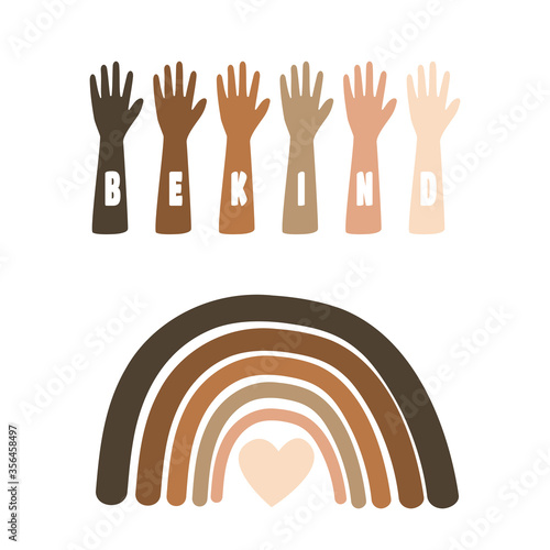 Black Lives Matter Illustration with raising hands and rainbow equality symbol.