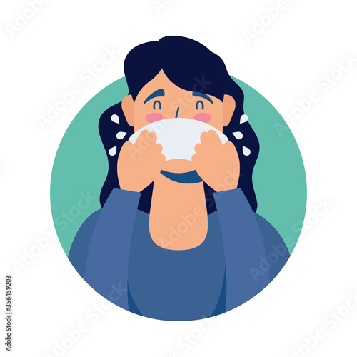young woman sick with runny nose avatar character