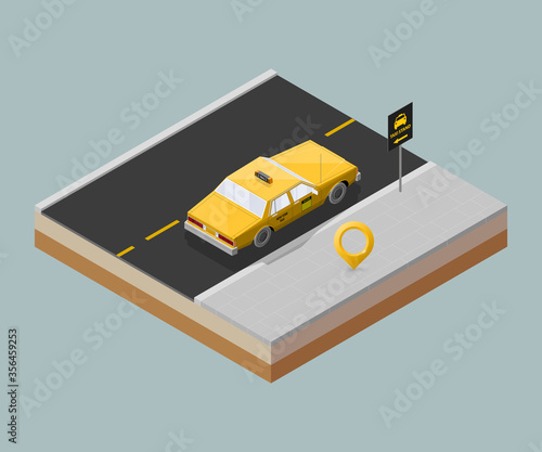 Yellow isometric taxi cab banner. Online navigation application order taxi service. Isometry car isometric route banner. 3D taxi classic vehicle itinerary road. Get a taxi online phone application