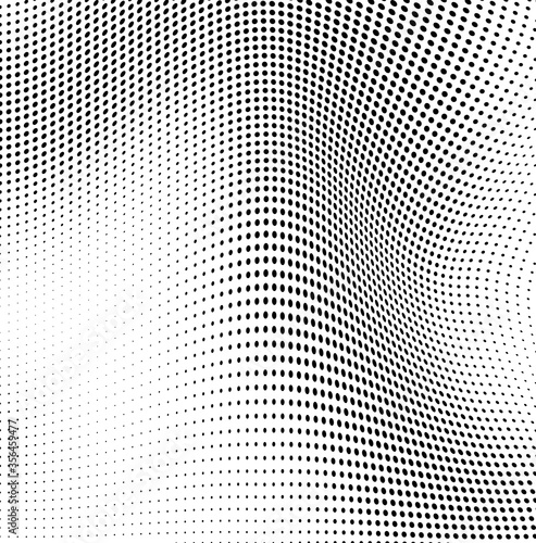 Abstract wave halftone black and white. Monochrome texture for printing on badges, posters, and business cards. Vintage pattern of dots randomly arranged