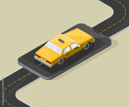 Yellow isometric taxi cab banner. Online mobile application order taxi service illustration. Flat car isometric quality banner. 3D taxi vehicle smartphone. Get a taxi online phone isometry application