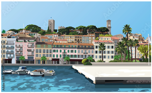 Picturesque Vector Of Cannes in South of France, Cote-d'Azur, Old Town, Le Suquet with medieval buildings, fishing port, blue sea, palm trees, bright blue sky