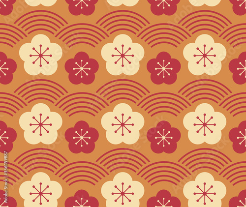 Japanese style retro vintage seamless pattern background plum blossom flower and curve wave scale line