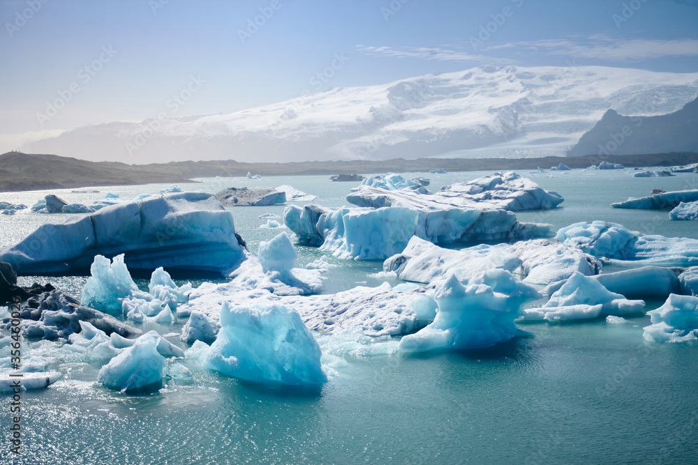 Jokulsarlon, the largest ice lagoon in Iceland with floating icebergs. Glacier lake with icebergs