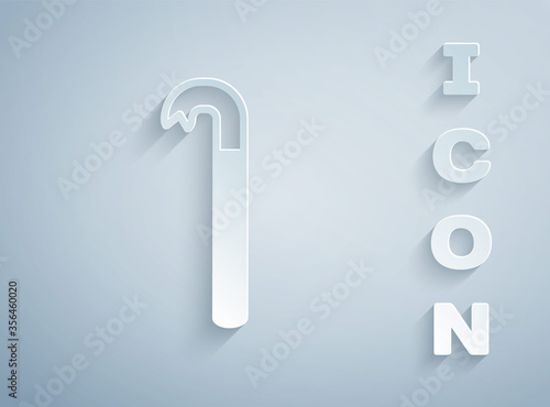 Paper cut Crowbar icon isolated on grey background. Paper art style. Vector Illustration.