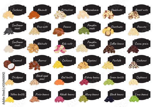 Set of stickers and labels of nuts, beans and legumes