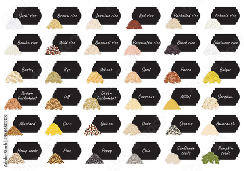 Set of stickers and labels of grains and seeds