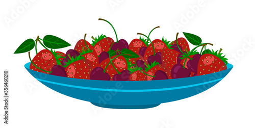 Blue plate with red strawberries and cherries. Berry isolated on a white background. Stock vector illustration.