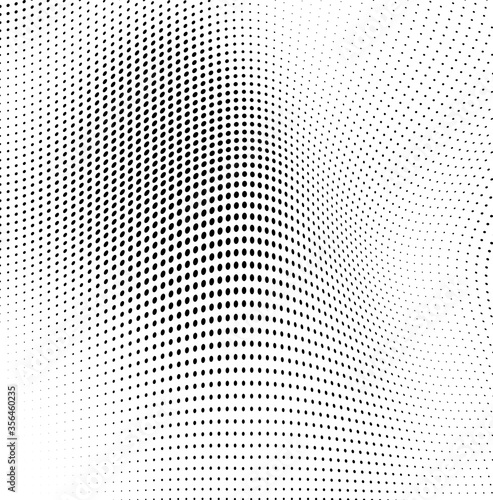 Abstract wave halftone black and white. Monochrome texture for printing on badges, posters, and business cards. Vintage pattern of dots randomly arranged