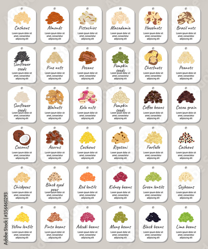 Set of stickers and labels of nuts, beans and legumes