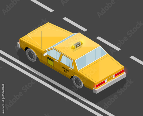 Flat 3D isometric yellow taxi cab model. City transport car road. Sedan taxi motor car. Urban classic motor vehicle. Quality auto infographics route. isometric automobile street icon set