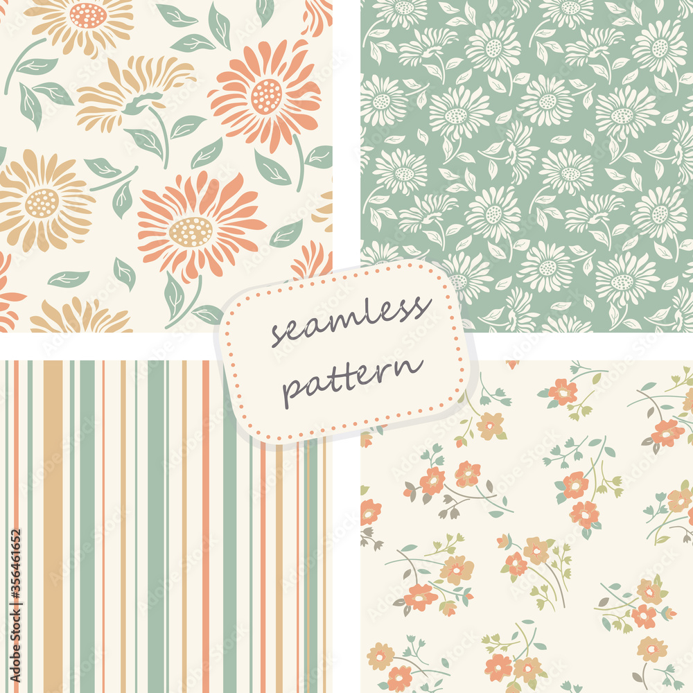 Set of vintage seamless colorful pattern in retro colors. Floral pattern. Hand drawn. Vector pattern can be used for ceramic tile, wallpaper, textile, invitation, greeting card, web page background