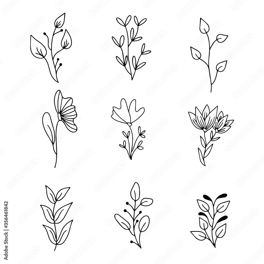 Plakat Set of Rustic Vintage Hand drawn florals and laurels. Can be used for wedding invitations, scrapbooking, wrapping.