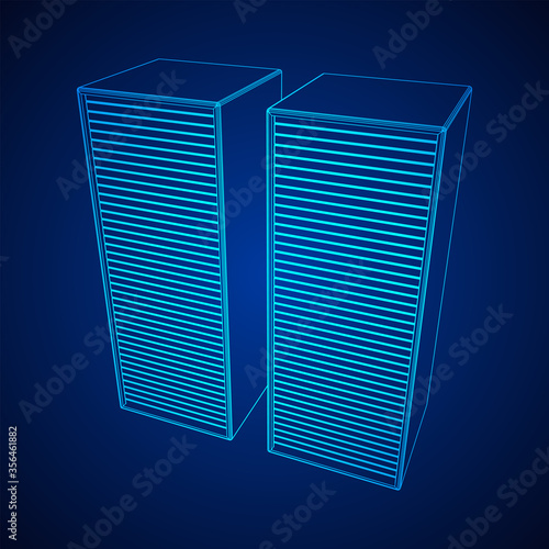 Data center storage room object. Hardware equipment telecommunication server. Computer database tower. Internet industry cluster. Wireframe low poly mesh 3d render illustration