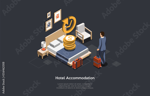 Hotel Accommodation Concept. Businessman Check In Or Check Out In A Hotel. Man Has Booked An Apartment With King Size Bed. Stay In Hotel On Business Trip Ot Vacation. Isometric 3D Vector Illustration