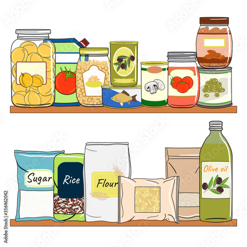 Set of canned food on shelf. Preserved food in cans, glass jars, containers