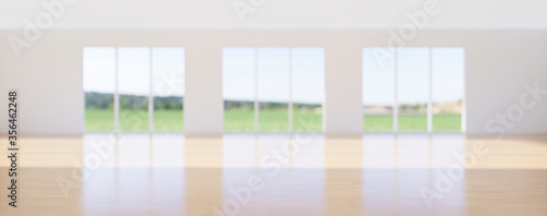 3d rendering of empty room and wood floor shiny reflection with clear glass door in perspective view  clean and new condition use to background.