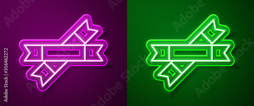 Glowing neon line Sugar stick packets icon isolated on purple and green background. Blank individual package for bulk food products as coffee, salt, spices. Vector Illustration.