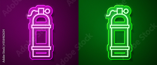Glowing neon line Aqualung icon isolated on purple and green background. Oxygen tank for diver. Diving equipment. Extreme sport. Sport equipment. Vector Illustration.