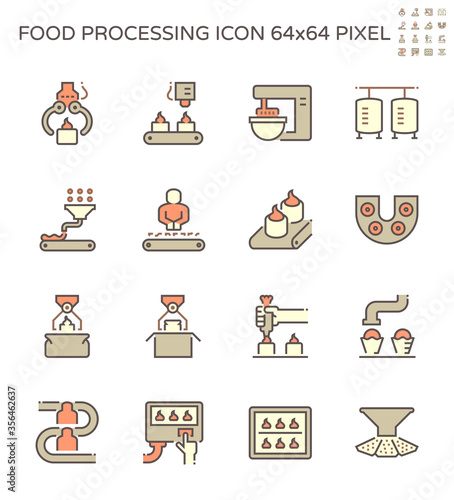 Food processing industry bakery on production line vector icon set design, 64x64 pixel perfect and editable stroke.