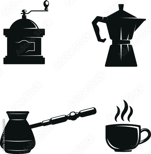Coffee vector icon set. Coffee grinder, cezve, cup and italian coffee machine