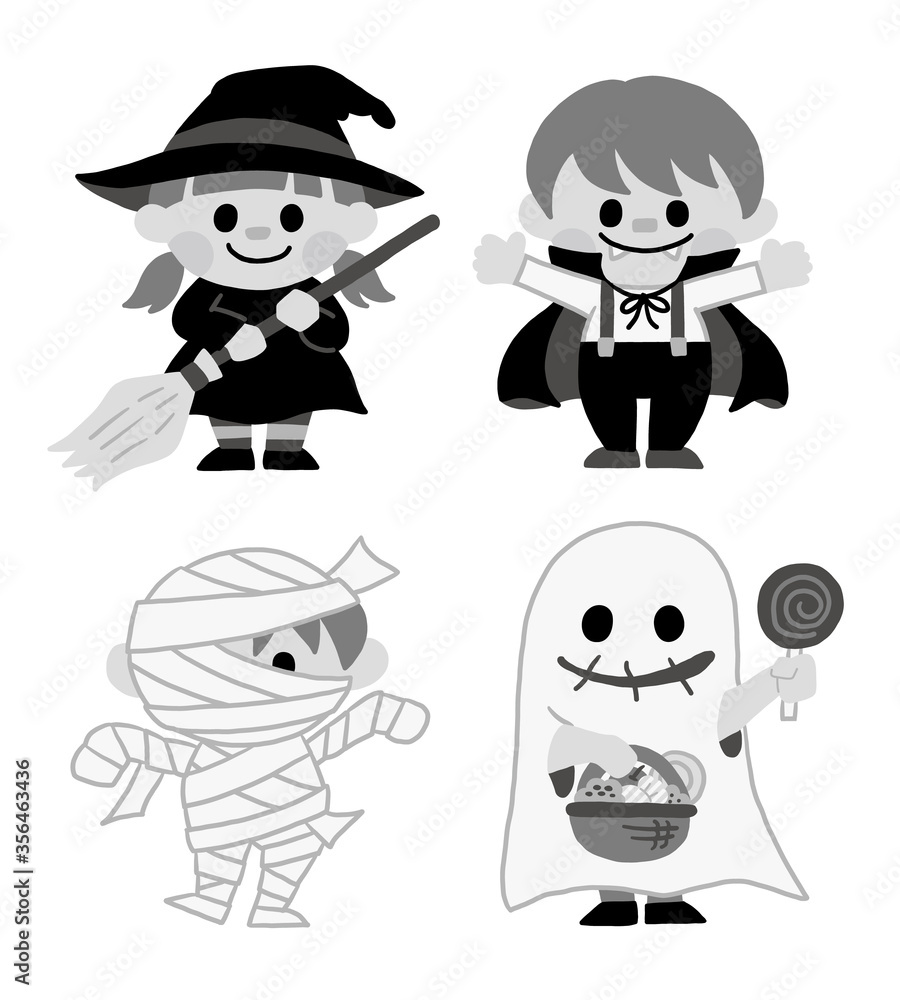 Obraz premium ハロウィン キッズ 仮装 手書き ベクター モノクロ イラスト
