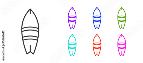 Black line Surfboard icon isolated on white background. Surfing board. Extreme sport. Sport equipment. Set icons colorful. Vector Illustration.