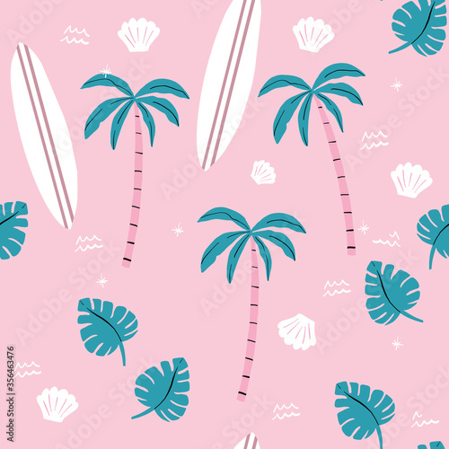 seamless pink and green palm trees pattern. repeating vector beach and surfing pattern with surf boards.