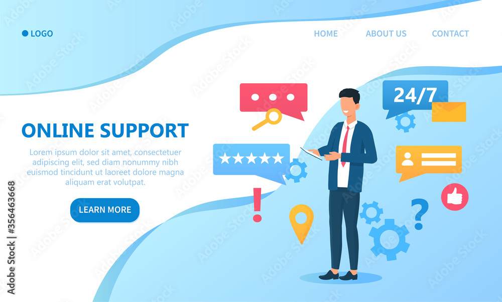 Online Support concept with a man holding a digital device surrounded by internet search, rating, ranking and chat icons, colored vector illustration Online Support concept with a man holding a digital device surrounded by internet search, rating, ranking and chat icons, colored vector illustration