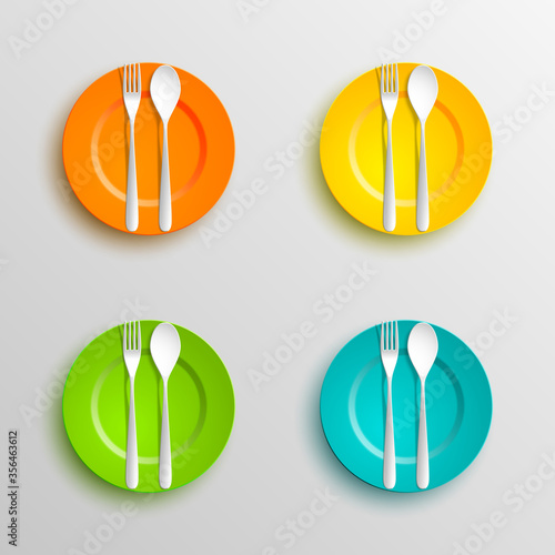 Plate, spoon and fork isolated on napkin background. Canteen icon. dining room badge. buffet icon. Here you can eat picture. Fast food restaurant badge. illustration