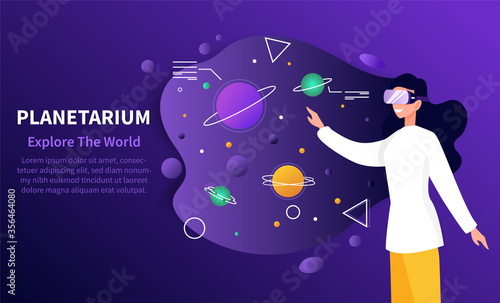 Planetarium concept - Explore The World - with a person wearing 3d goggles reaching out to planets and stars in the galaxy, colored vector illustration
